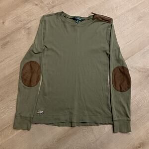 Lauren Ralph Lauren Shirt Womens Small Faux Suede Elbow Patch Shoulder Zip Olive